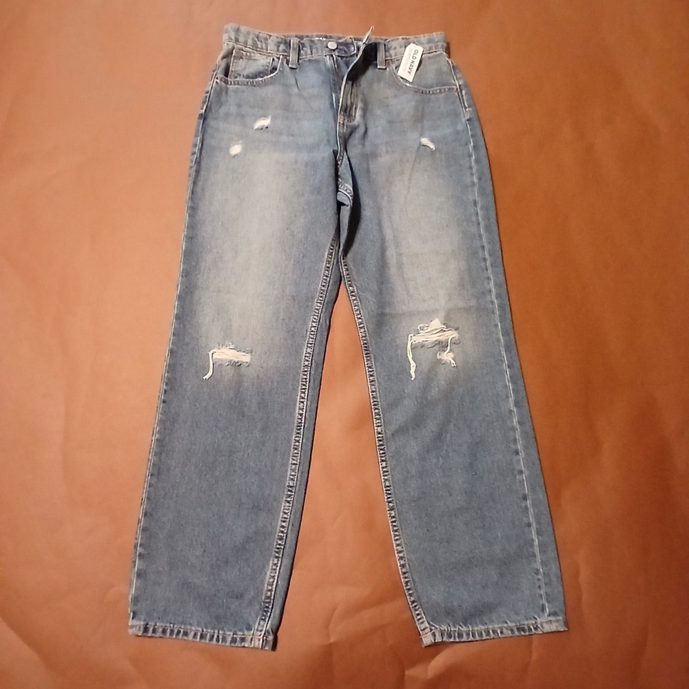 Old Navy Girls 18 Medium Wash Denim High-Waist Slouchy Straight Ripped Jeans NWT